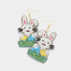 Felt Back Seed Beaded Easter Bunny Dangle Earrings